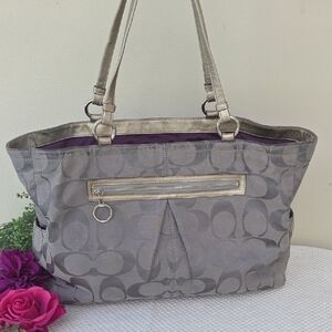 Coach Gabby Gray Signature Canvas Gold Leather Trim Tote XL Shoulder Bag